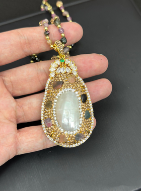 新款天然马贝镶嵌碧玺毛衣链中古珠宝纯手工淡水珍珠项链