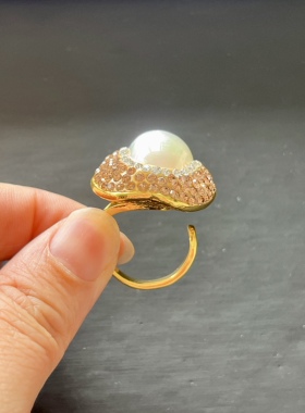 天然白马贝金钻开口戒指欧美个性轻奢时尚指环手工镶钻饰品保色