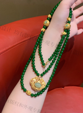 秋季新款天然绿珠套链可拆卸毛衣链项链多圈手串沙金925如意吊坠