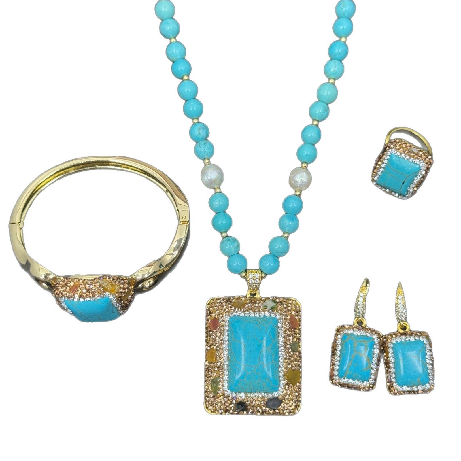 新款复古宫廷风松石项链女小众设计感高级轻奢毛衣链手镯耳饰戒指,淘宝优惠券,粉丝福利购,淘宝优惠卷