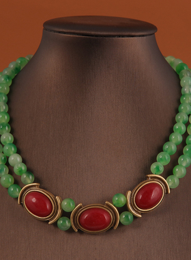 中古vintage复古时尚轻奢优雅个性设计红色天然石绿色玛瑙项链