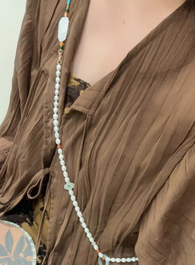 龙纹贝母青绿新中式原创斜挎项链多层多宝绿松石淡水珍珠一款多戴