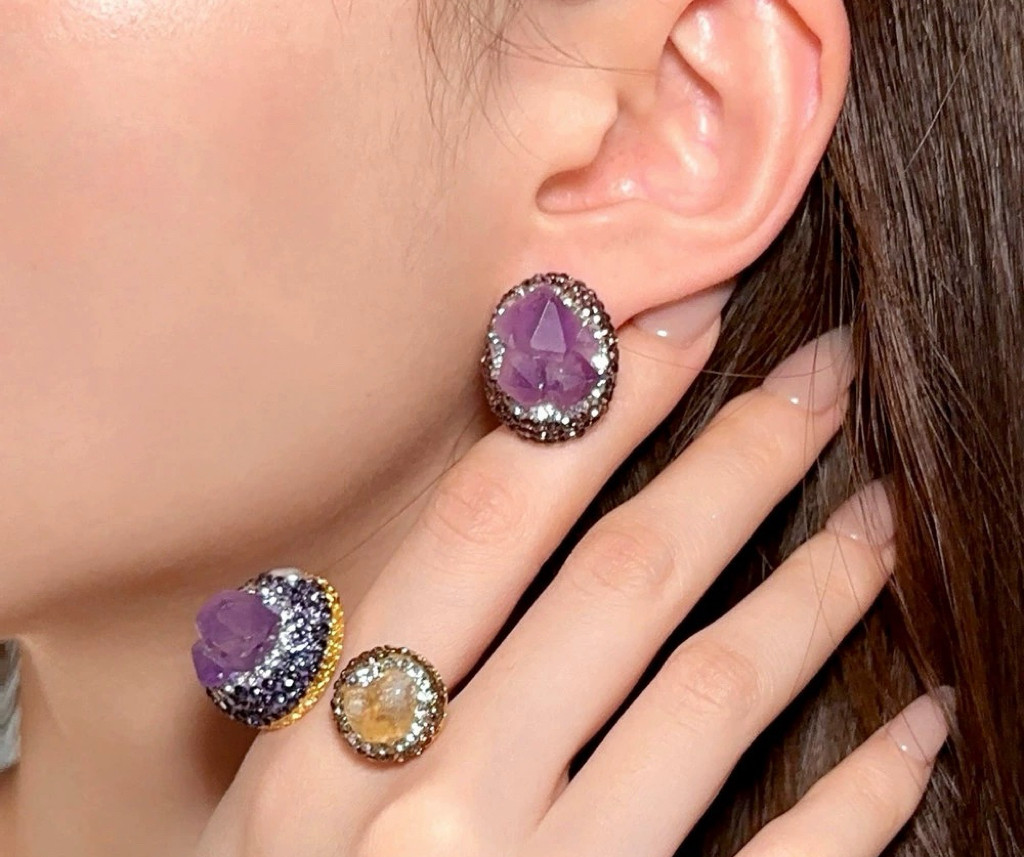 新款天然紫水晶镶嵌耳钉高级复古满钻耳饰个性晚装轻奢宴会饰品,淘宝优惠券,粉丝福利购,淘宝优惠卷