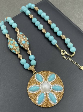 新款松石民族风镶嵌巴洛克珍珠毛衣链原创设计个性项链