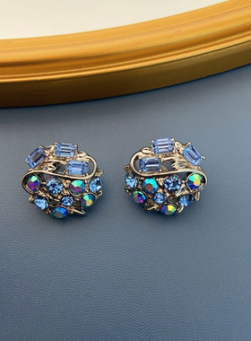 中古vintage饰品花朵造型彩色水晶项链宫廷风红蓝色耳钉项链套装