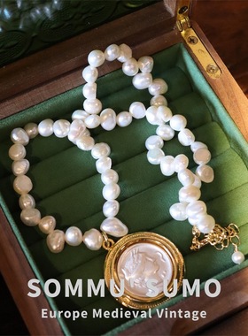 18K电镀真金钻石大力神古币项链 人像古董吊坠镶嵌巴洛克珍珠耳环