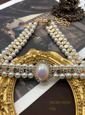 西洋复古马彩贝珍珠项链耳钉耳夹套装赫本风配饰旗袍礼服颈链女