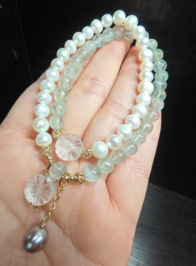 纯天然葡萄石淡水珍珠粉晶设计款diy多圈手串网红时尚气质手饰