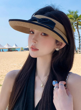夏季女士草编蝴蝶结空顶防晒帽