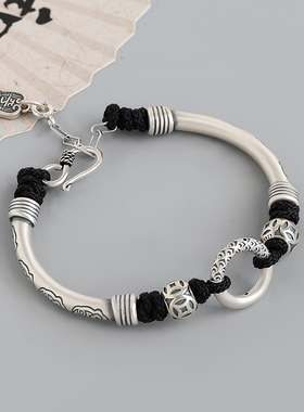 复古纯银平安扣祥云银饰女转运珠手链足银手镯男情侣手绳小众轻奢
