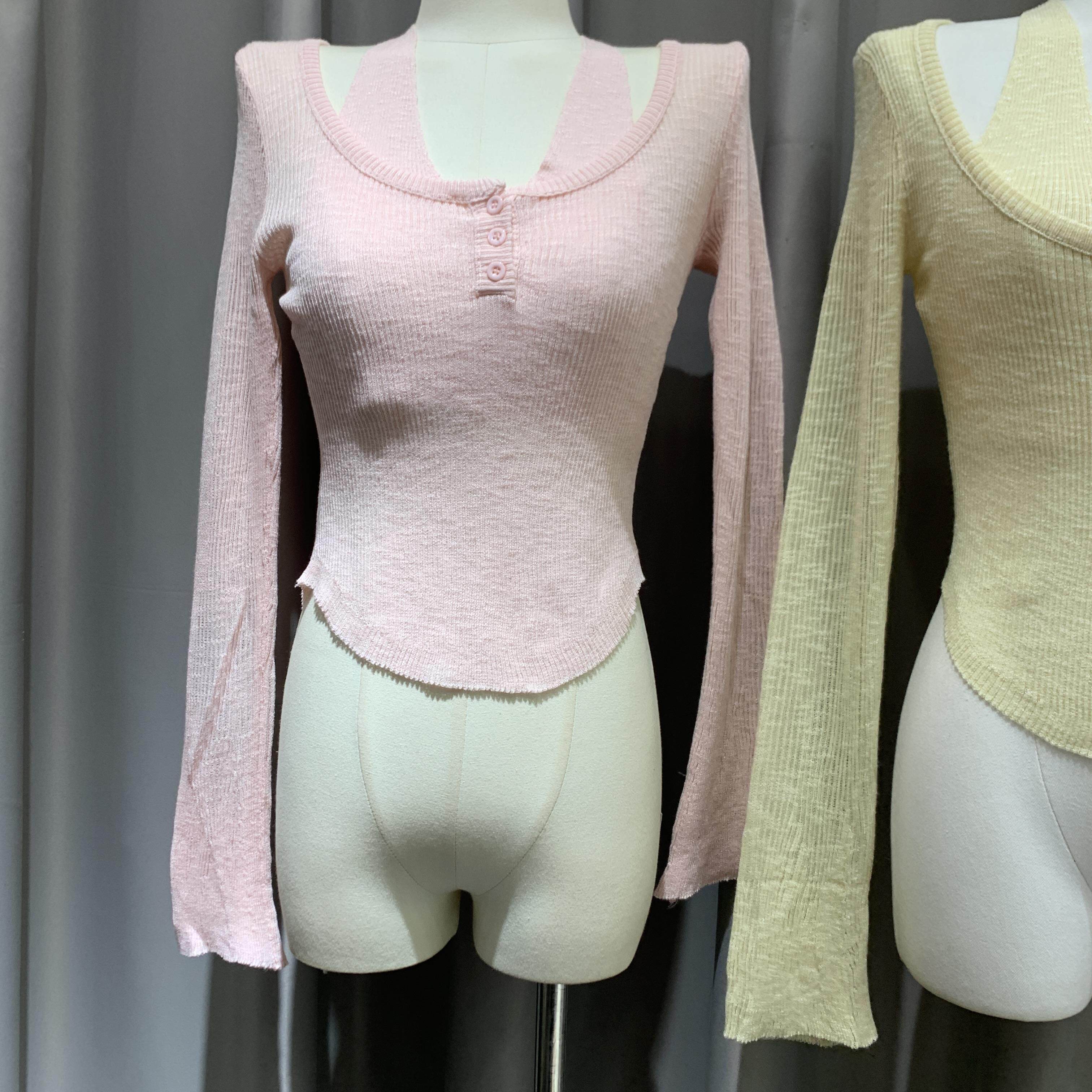 直播 时尚显瘦露背短款网红女装显瘦高腰不规则绑带针织衫