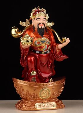 一品天承财神爷摆件家用店铺站聚宝盆文财神爷佛像供奉树脂神像