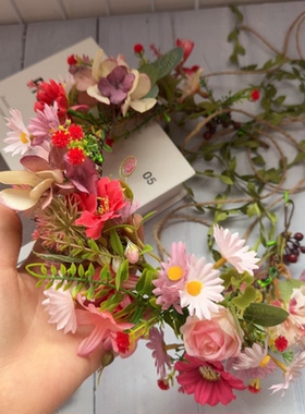森系粉色仿真菊花满天星发箍