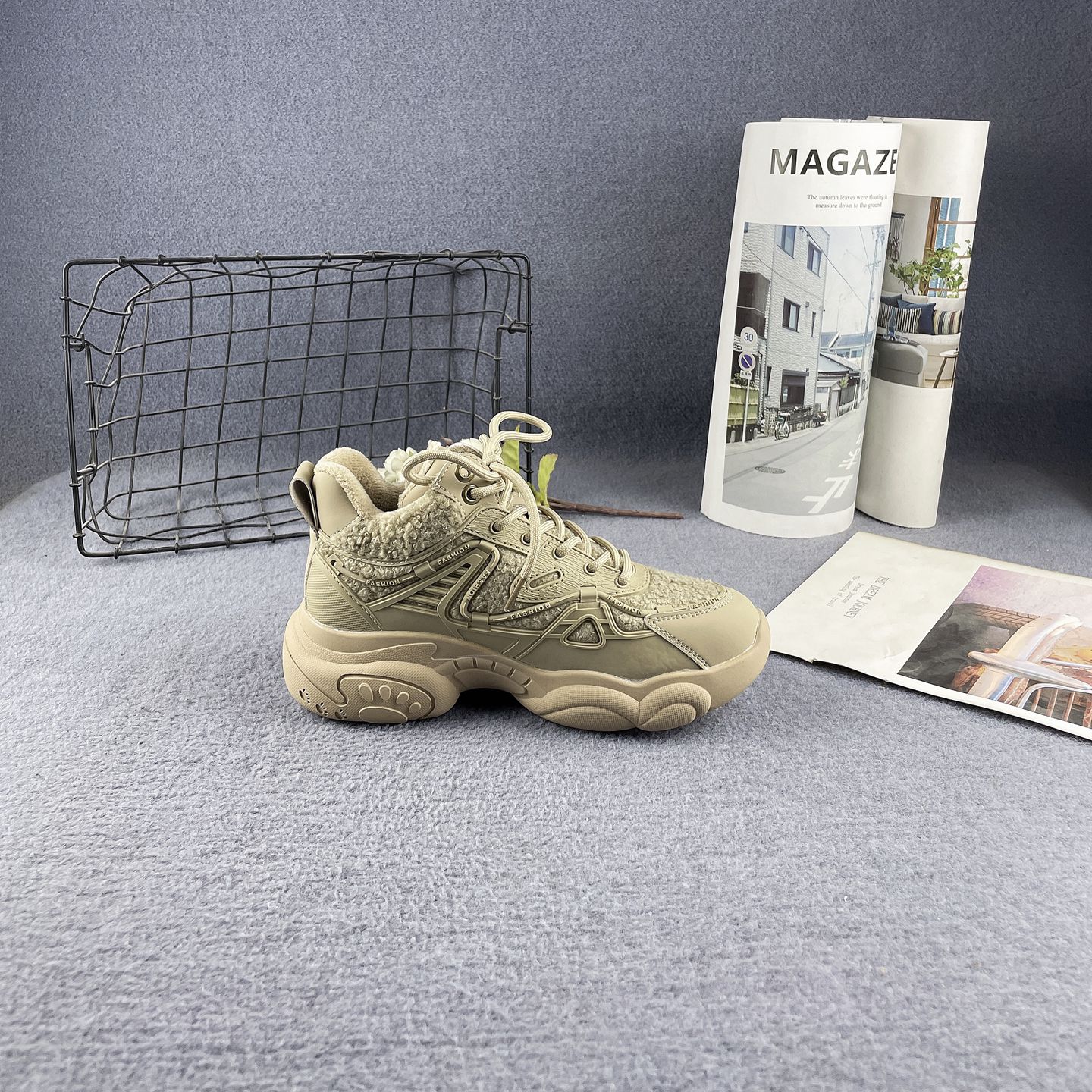 真皮专柜断码秋冬新款松糕底加绒保暖拼接材质黑色高帮老爹鞋女鞋 - 图0