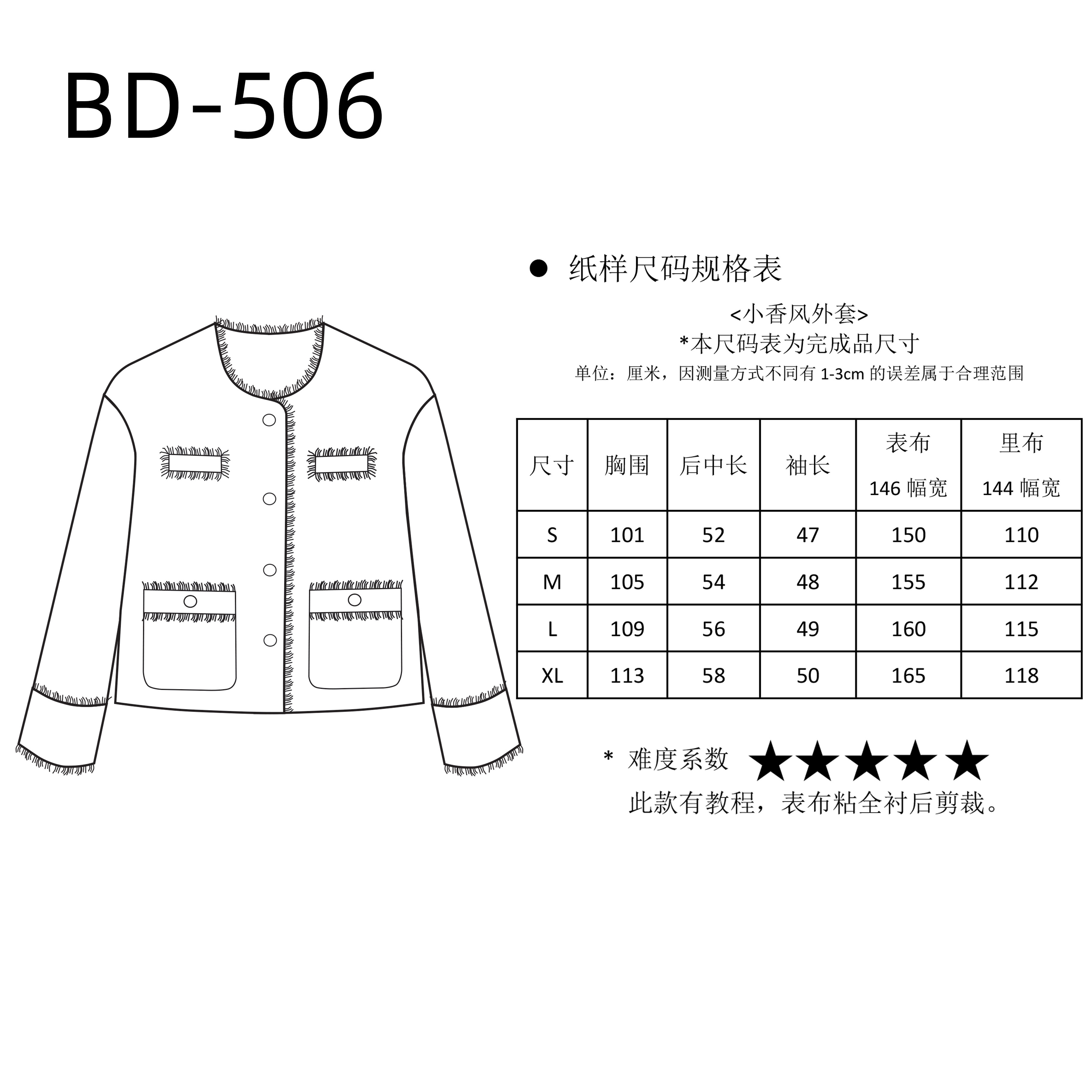 落肩短款小香风外套纸样1:1布懂时光自主打版缝纫自主研发BD-506,淘宝优惠券,粉丝福利购,淘宝优惠卷