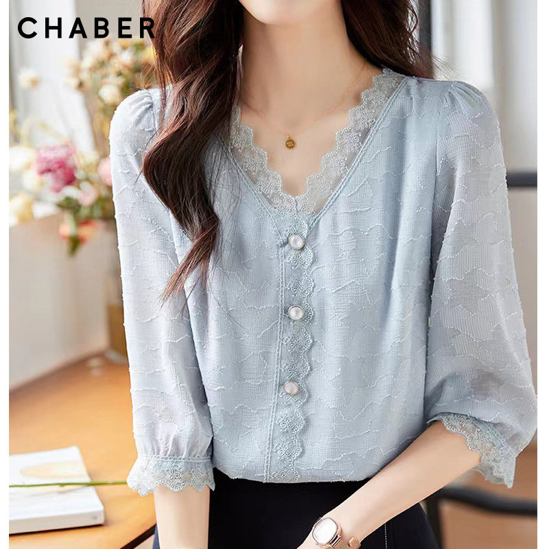 chaber春季新品优雅套头毛衣雪纺衫 巧帛衬衫