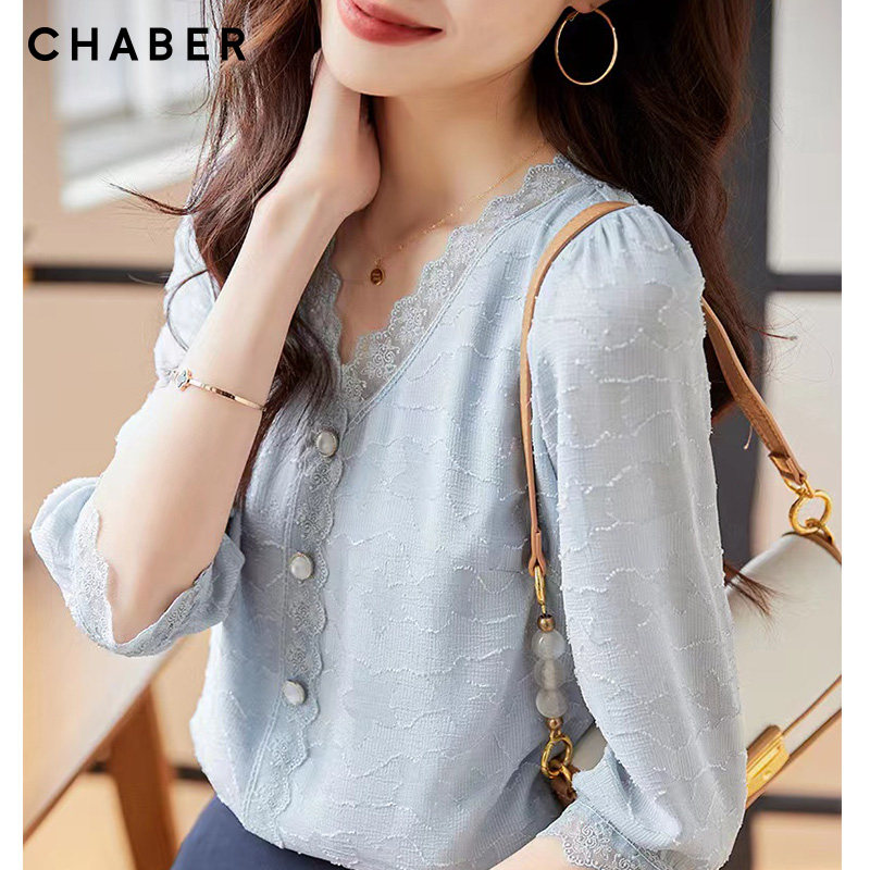 chaber春季新品优雅套头毛衣雪纺衫 巧帛衬衫
