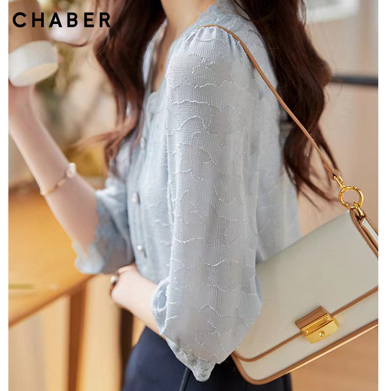 chaber春季新品优雅套头毛衣雪纺衫 巧帛衬衫