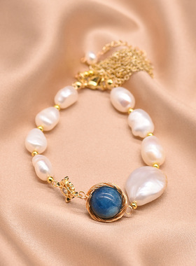 天然巴洛克珍珠蓝晶石手链