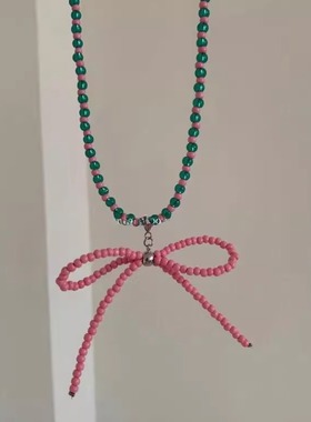 手作绿粉串珠锁骨链蝴蝶结