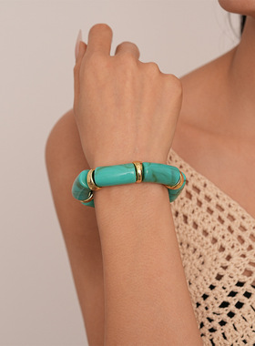 跨境椭圆镶钻树脂松石开口手镯复古夸张时尚手环欧美时尚气质手饰