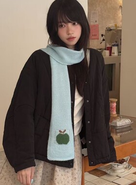 韩系可爱苹果刺绣针织小围巾女秋冬软糯毛线围脖文艺百搭学生围巾