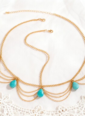 欧美复古流苏头饰女波西米亚绿松石简约串珠发饰珍珠链亮片发链