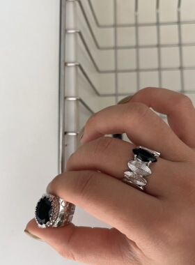 韩国设计小众流苏烟花食指戒指黑色锆石字母甜酷夸张个性戒指指环