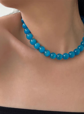 猫眼石项链桃粉色冰川蓝色锁骨链不掉色的项链女夏季项链