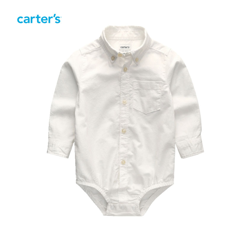 包邮美国Carter's男宝宝春秋新生婴儿纯棉长袖包屁屁衬衫白色衬衣 - 图0