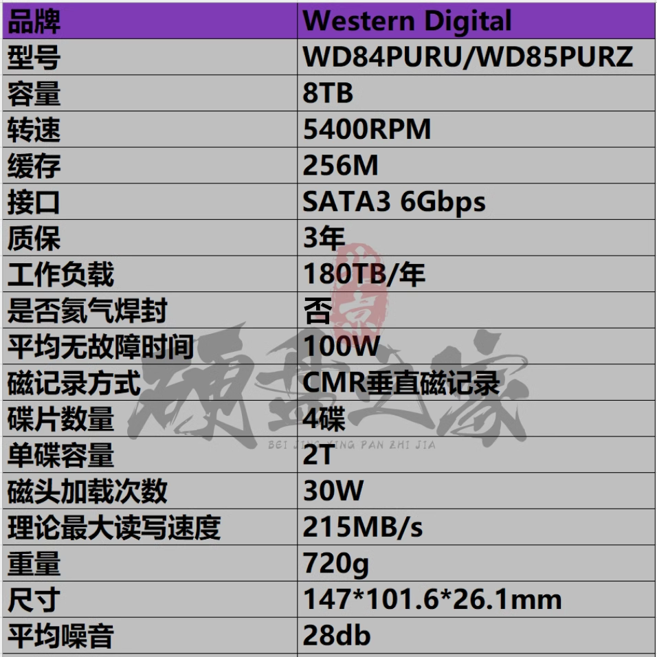 行货WD西数3.5寸8T Tb紫盘SATA3 WD85PURZ高清监控台式机械硬盘 - 图3