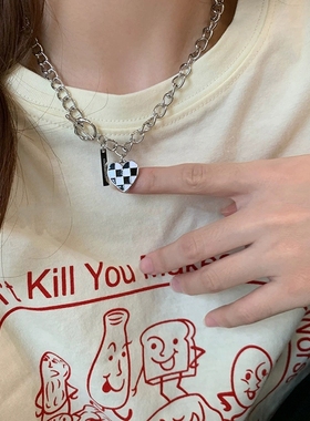 黑白方格纹滴油爱心T形扣项链韩国棋盘格个性锁骨链ins冷淡风项饰