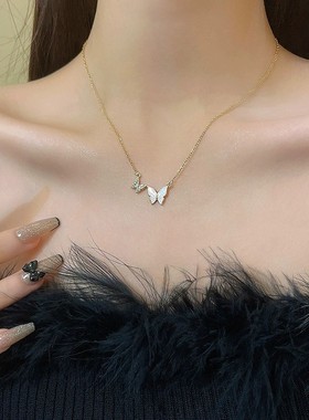 欧美复古滴油双蝴蝶吊坠项链女设计感小众气质钛钢锁骨链颈链