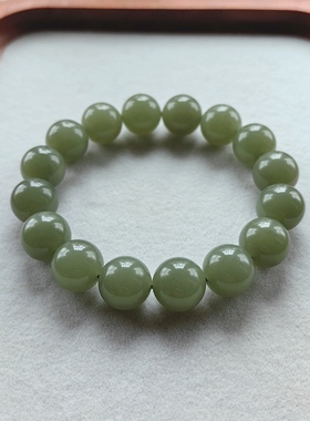 天然新疆和田玉圆珠手串且末青黄口湖水绿黄玉手链12mm