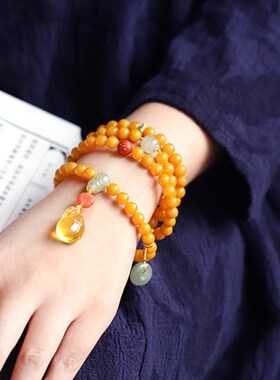 (AAA)天然鸡油黄蜜蜡108佛珠手串7mm原创DIY搭配和田玉平安扣蜜蜡