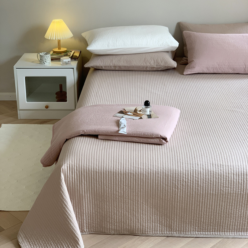 日式四季纯色简约绗缝全棉水洗棉床盖三件套加厚床单素色夹棉垫子-图0