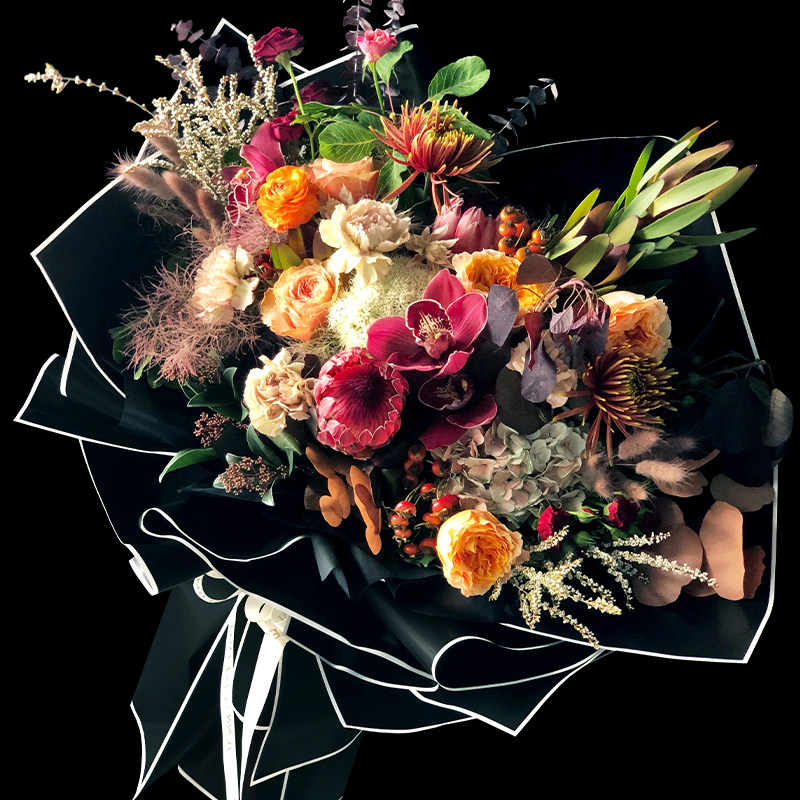 清明节黑白贵族纸黑色黑边框鲜花包装纸白加黑加白礼物鲜花束花艺