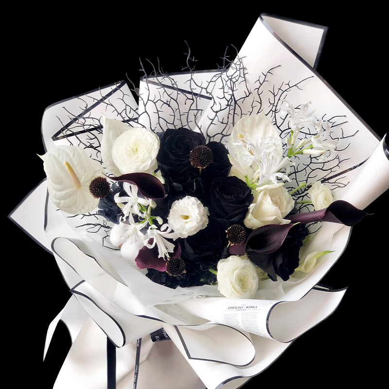 清明节黑白贵族纸黑色黑边框鲜花包装纸白加黑加白礼物鲜花束花艺