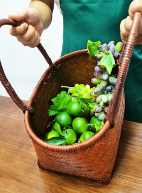 复古竹编手工编织大号手提菜篮