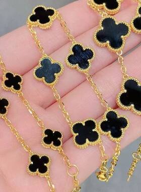999足金9mm12mm15mm五花幸运草黄金手链女粉贝白贝虎眼红玛瑙镶嵌