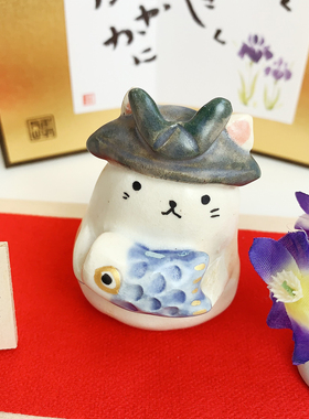 日式招财纳福猫与鲤鱼健康摆件