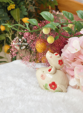 作舍陶招财纳福红梅花亲子鼠摆件