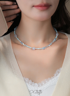 蓝色宝石水晶串珠项链高级感爆款