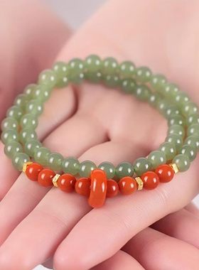 金鱼胡同新中式国潮风和田玉双圈叠戴南红转运珠跑环手串