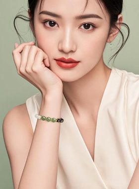 新中式国潮风天然和田玉白玉小叶紫檀圆珠单圈手串手链礼物