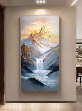 纯手绘油画日照金山客厅装饰画背有靠山竖版玄关丙烯肌理轻奢挂画