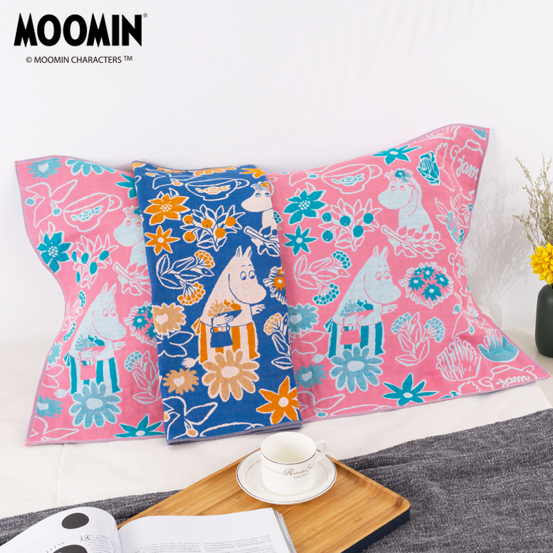 夕才儿美术馆MOOMIN姆明纯棉枕巾纱布毛圈成人单双人情侣款一枚装 - 图1