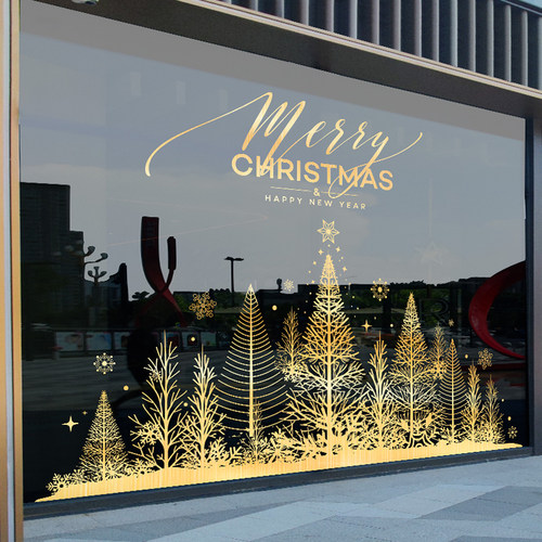 圣诞树窗花圣诞玻璃贴纸圣诞节静电帖窗贴门贴场景布置金色装饰品 - 图0