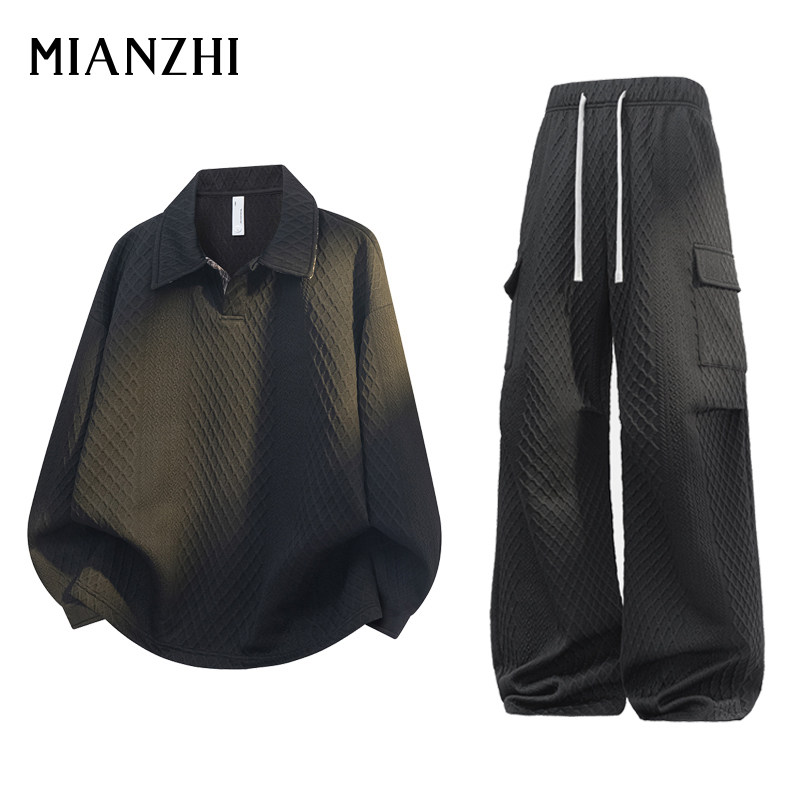 棉致肌理感卫衣套装男春秋季翻领长袖POLO衫套装加肥加大码两件套,淘宝优惠券,粉丝福利购,淘宝优惠卷