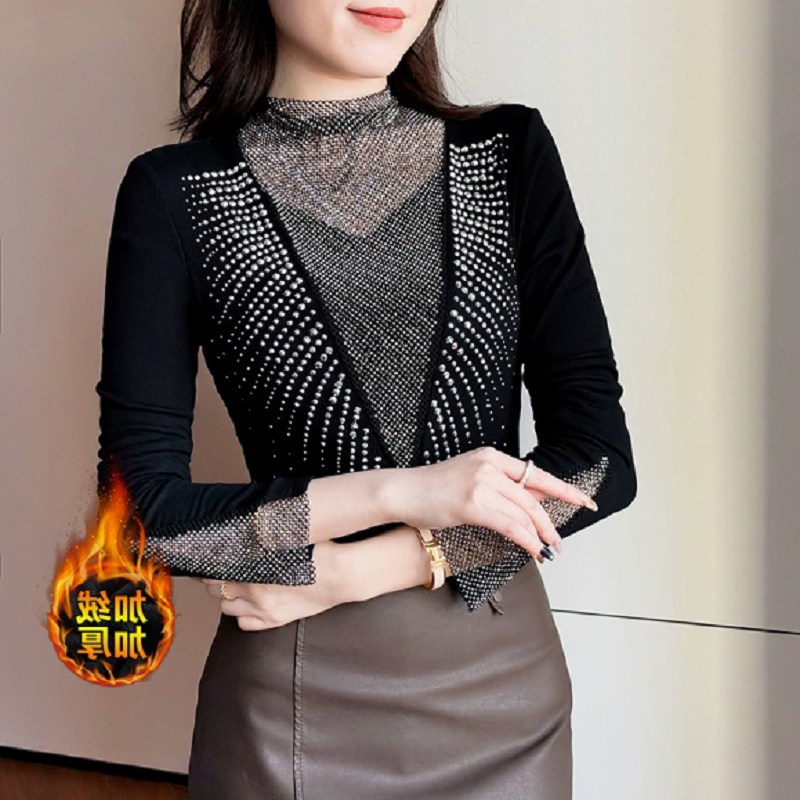 YX-895秋冬加厚保暖磨毛V领镶钻修身显瘦设计感半高领打底衫女,淘宝优惠券,粉丝福利购,淘宝优惠卷